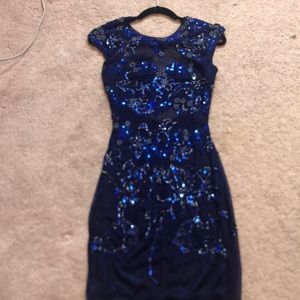 Dark Blue Sequence Backless Dress